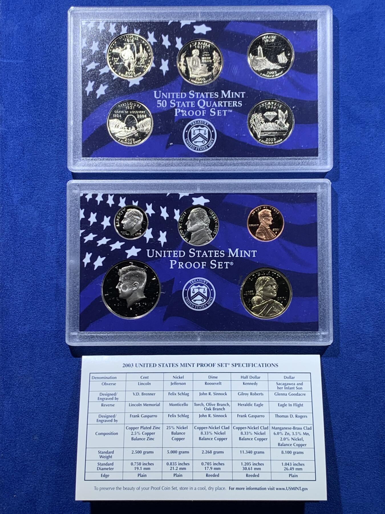 《竞宝斋》第443场 周日，周一，2场连拍 （全场包邮） 美国2003年精制套币和精制州币5枚 细节见图