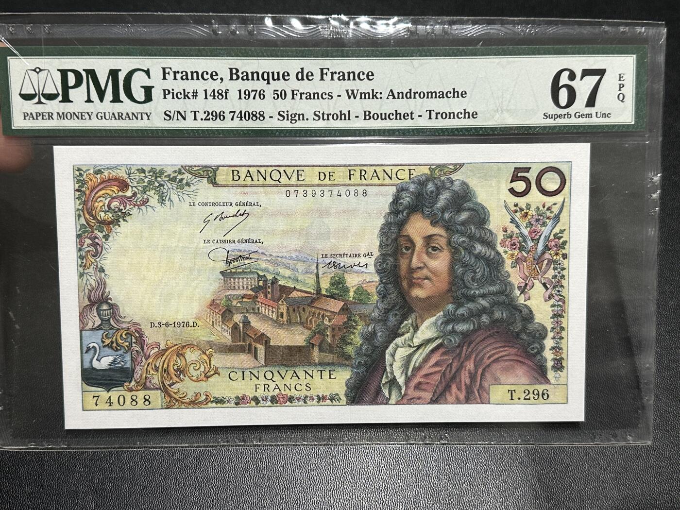 《外钞收藏家》第五百九十期（欧洲强钞、港币、硬通货及丰富裸币大拍场）（本平台长期征集拍品、欢迎藏友们联系合作） 1976年法国50法郎 拉辛 PMG67 尾88