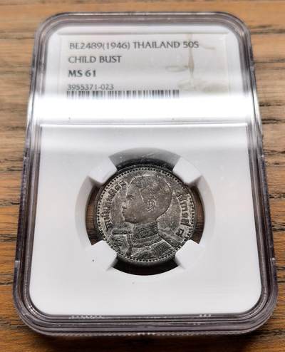 纫秋兰以为佩·凡希社微拍感恩专场 - 1946泰国拉玛八世少年头像50萨当锡币NGC-MS61，稀见品种，MS更为难得。