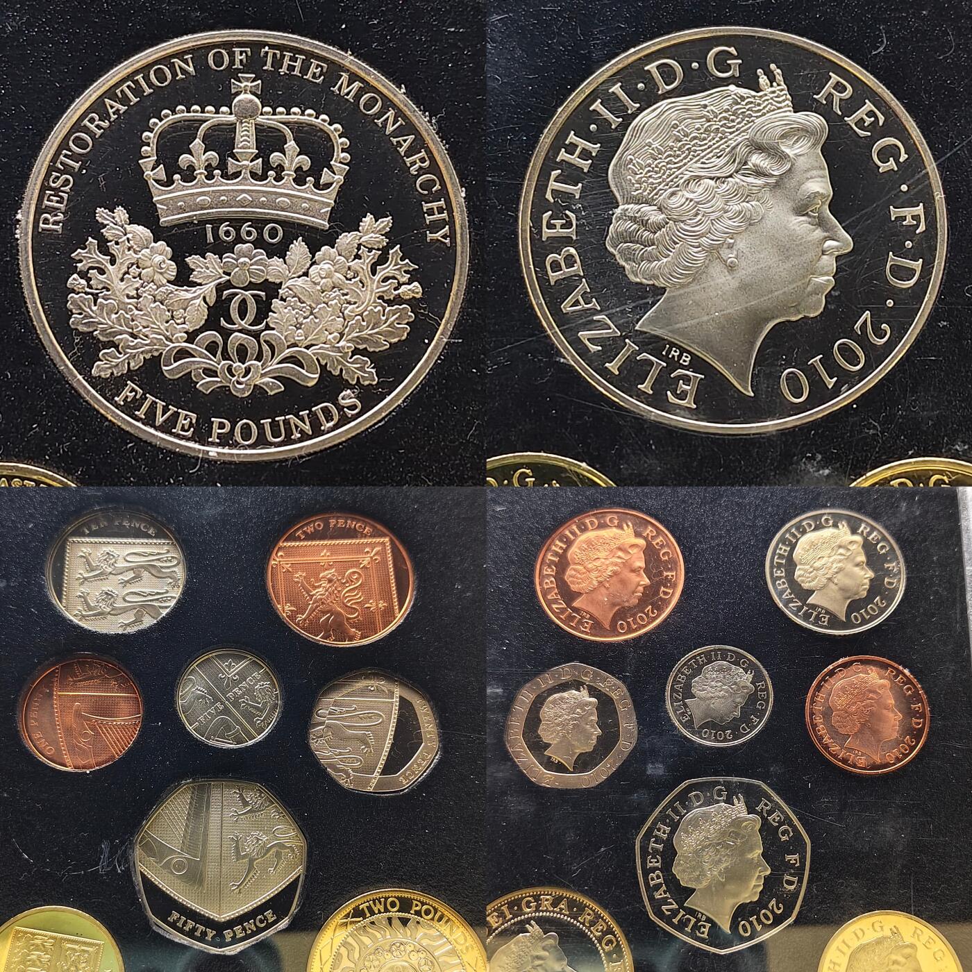 【全场包邮】纯粹捡漏拍483场（免费代拍第20场） 英国2010年官方精制套币-盒证全-含5镑君主制复辟350周年+2镑南丁格尔逝世100周年+1镑四邦国首府系列贝尔法斯特+伦敦2枚+50便士女童子军100周年5枚精制纪念币