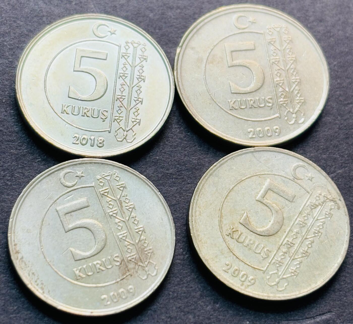 文馨钱币收藏第 284 场，【 长期接收代拍品】老藏家拍品南朝鲜李承晚时期货币，泰国大型纪念币，土耳其各时期及各国套币场 原光 2009-2018 年土耳其 5 库鲁 4 枚