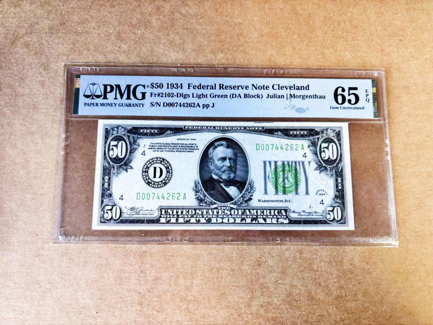 【Blue Auction】世界纸币精拍第757期——18级TOP拍卖/信誉/品质/专业/高效💫 【备受追捧的浅绿版】美国 1934年50美金 PMG65EPQ 克利夫兰版
