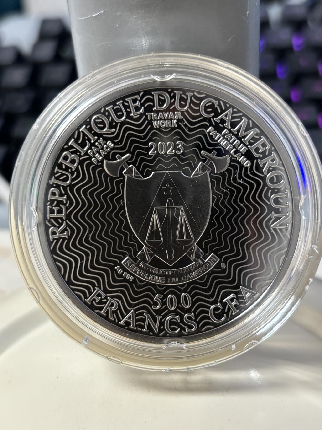 第184期拍卖 喀麦隆2023年十二星座系列水瓶座镀金彩色纪念银币，999银，发行500枚，17.5克