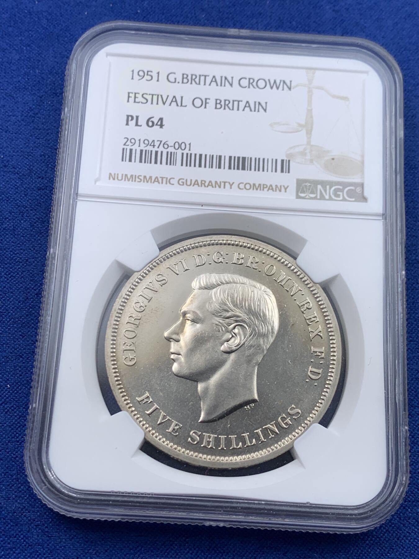 《竞宝斋》第443场 周日，周一，2场连拍 （全场包邮） NGC PL64 英国1951年乔六马剑克朗 最后的镍马剑