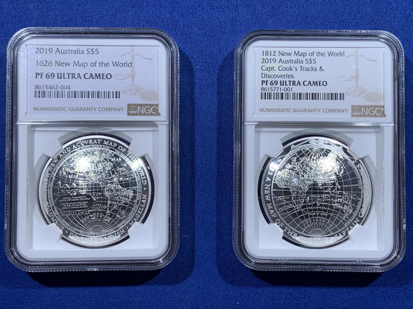 《竞宝斋》第443场 周日，周一，2场连拍 （全场包邮） 两枚一组 NGC PF69UC 澳大利亚2019年新世界地图5澳元弧形纪念银币 1812 库克船长东半球 + 1626 西半球（1盎司，999银，限量5000枚，盒证齐全）