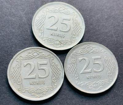 文馨钱币收藏第 284 场，【 长期接收代拍品】老藏家拍品南朝鲜李承晚时期货币，泰国大型纪念币，土耳其各时期及各国套币场 - 土耳其 25 库鲁 3 枚