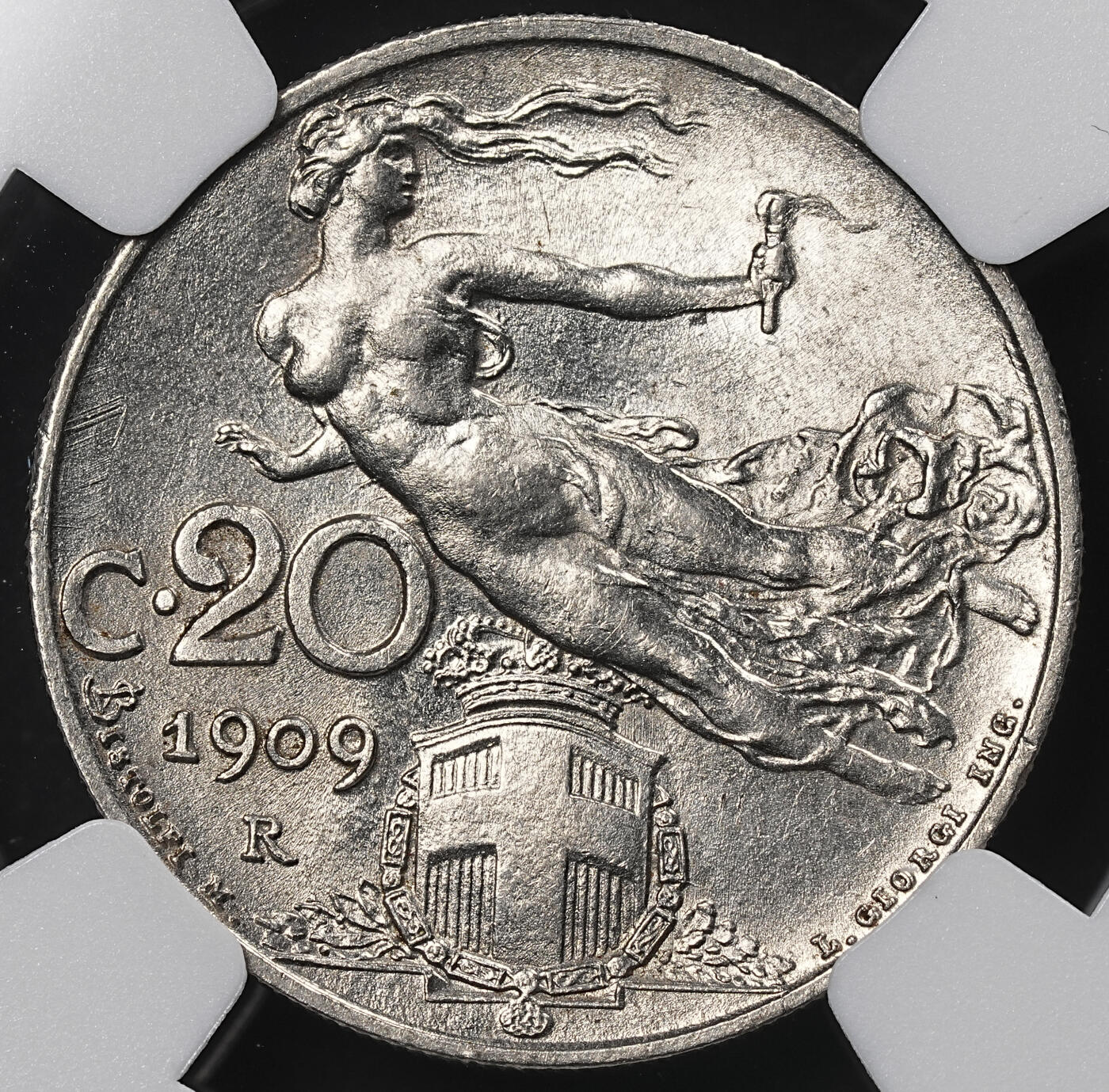 修遠堂世界钱币第九十五期 NGC MS63 1909年意大利20分
