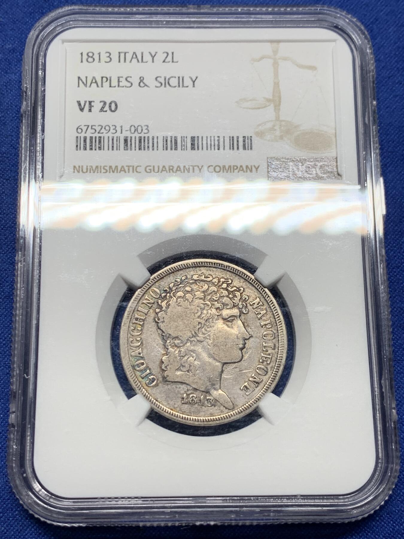 《竞宝斋》第443场 周日，周一，2场连拍 （全场包邮） NGC VF20 那不勒斯和西西里王国 1813年 2里拉银币 拿破仑麾下名将缪拉统治时期铸币 缪拉仅在位7年（1808-1815） 该系列珍贵品种 细节完整 包浆不错 克书参考价高 细节保存不错