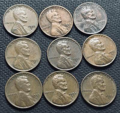 文馨钱币收藏第 284 场，【 长期接收代拍品】老藏家拍品南朝鲜李承晚时期货币，泰国大型纪念币，土耳其各时期及各国套币场 - 美国林肯麦穗版 1 分各年份 10 枚，包含稀少年份 1919 年