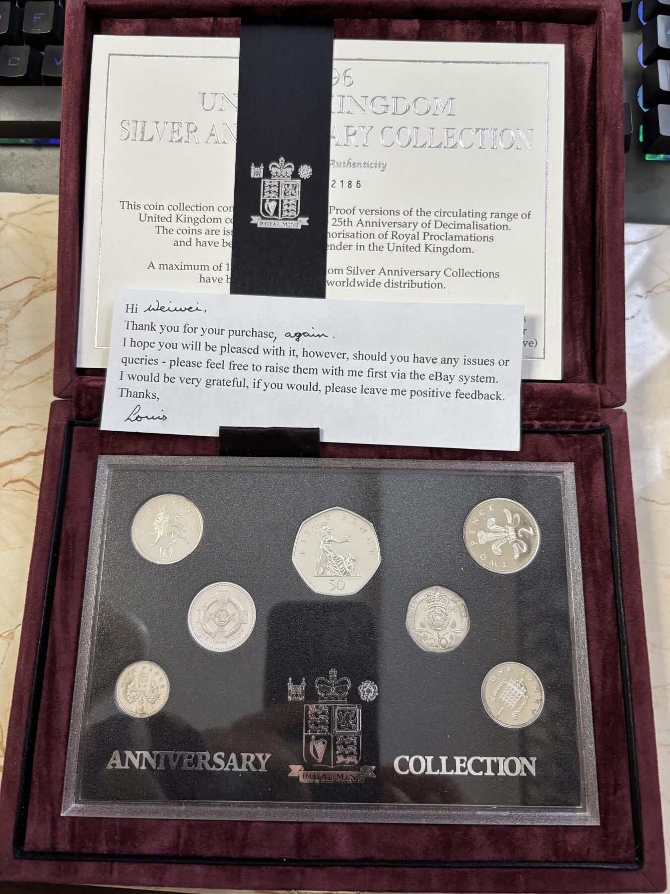 第183期拍卖 英国1996年【十进制】7枚全银精制纪念套币，925银，3.56/7.12/3.25/6.5/5.0/13.5/9.5克，发行15000套