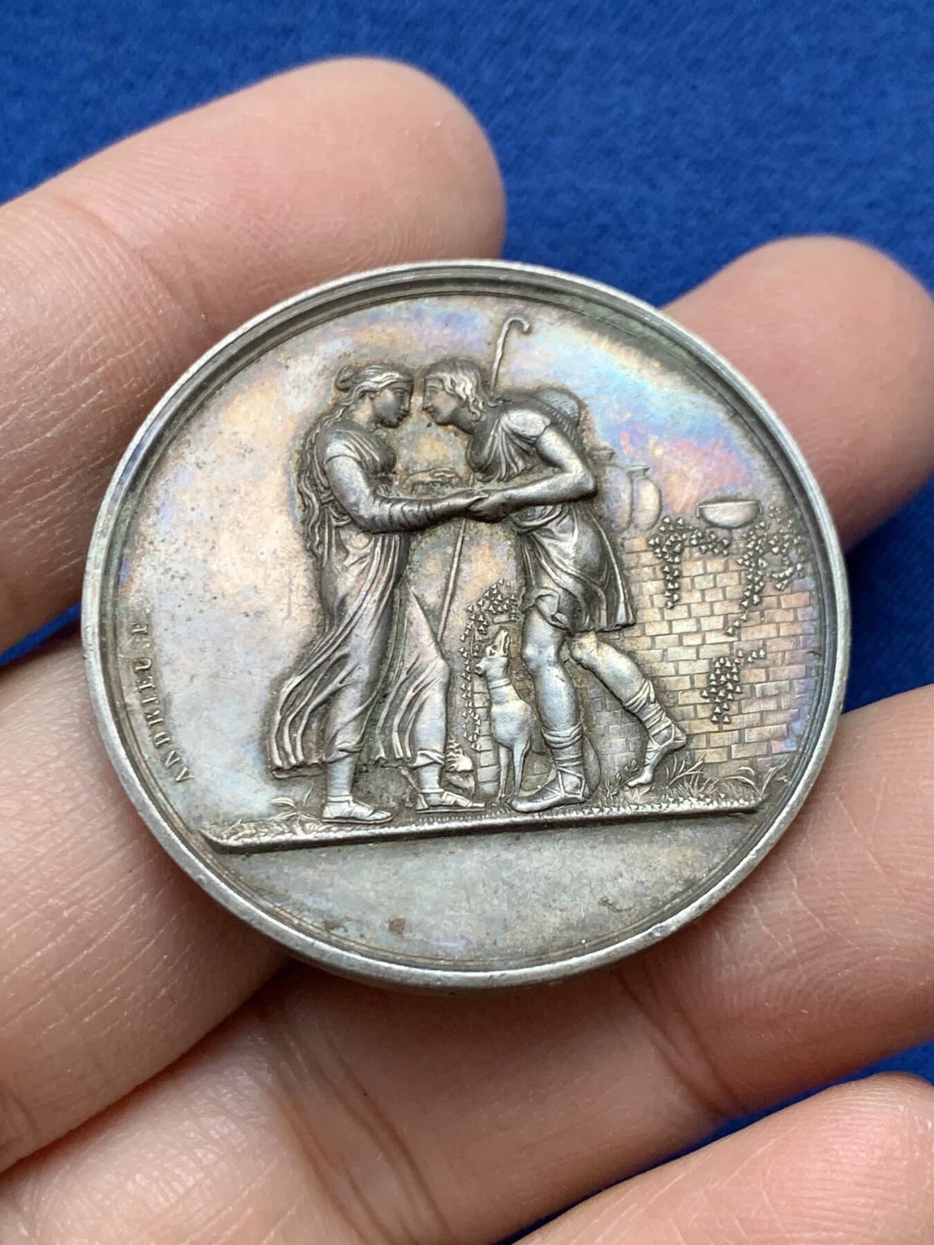 《竞宝斋》第443场 周日，周一，2场连拍 （全场包邮） 法国婚章 22克 36.8mm 1873 蜜蜂银标 背面刻画漂亮