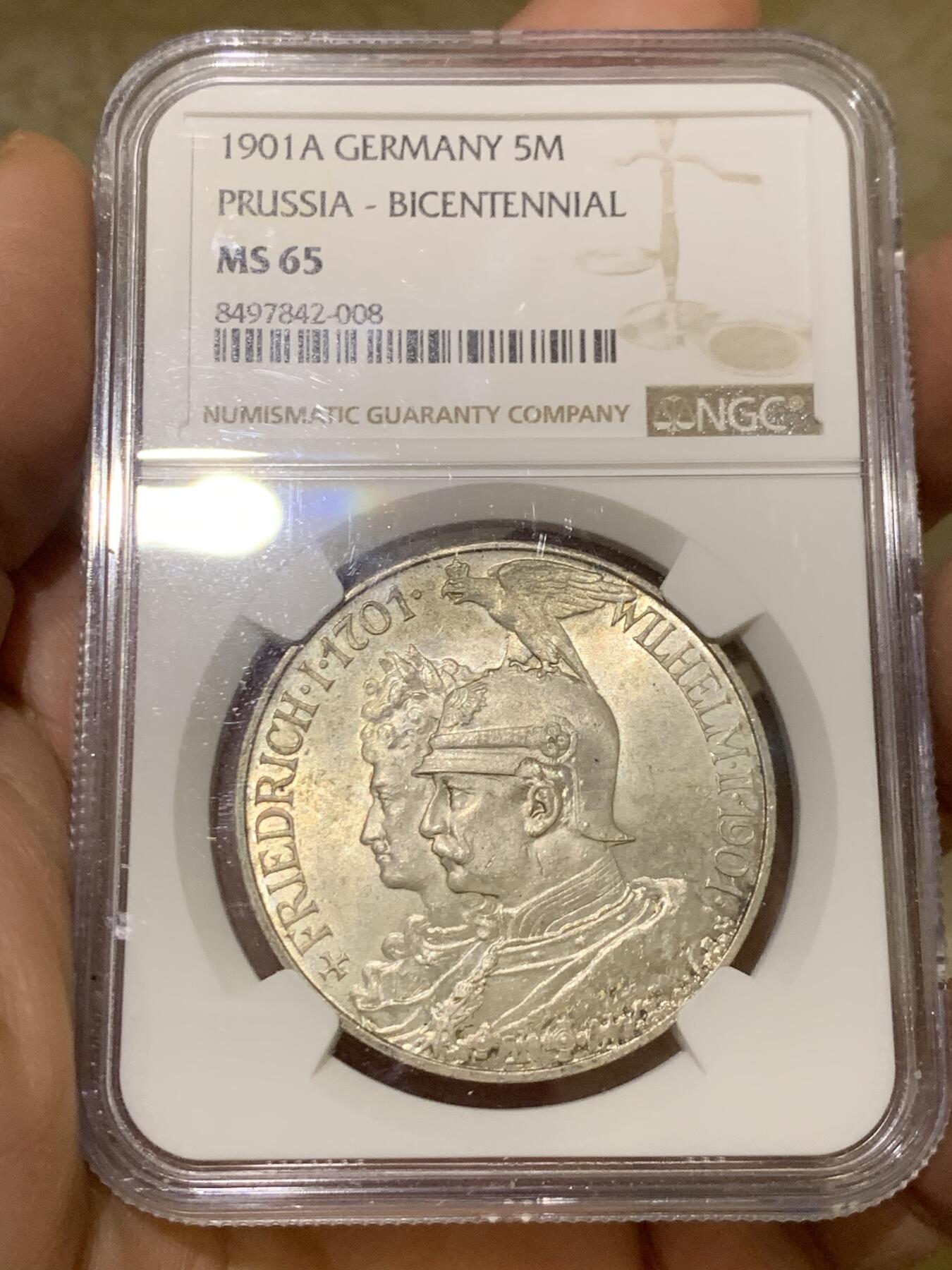 《竞宝斋》第443场 周日，周一，2场连拍 （全场包邮） NGC MS65 德国1901年普鲁士建国200周年5马克大银币 黄油包浆 德系高分大银币一路狂飙 珍惜国内现货机会