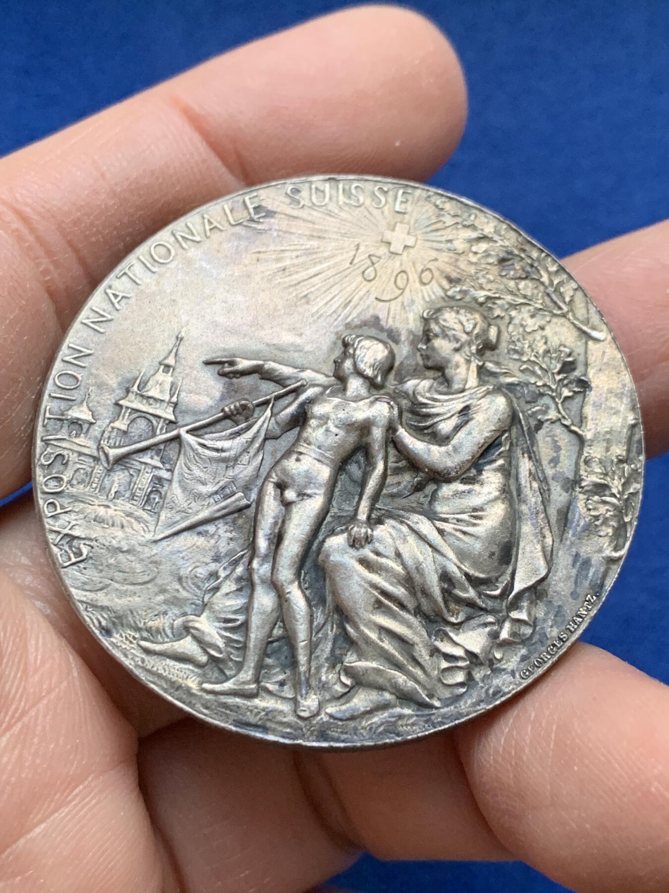 《竞宝斋》第443场 周日，周一，2场连拍 （全场包邮） 1896年瑞士日内瓦国家博览会镀银纪念章 37.4克 44.7mm