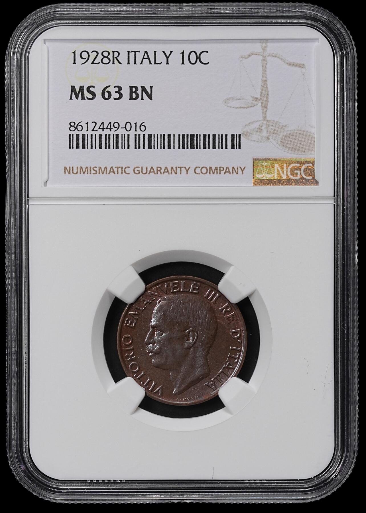 修遠堂世界钱币第九十五期 NGC MS63BN 1928年意大利10分铜币