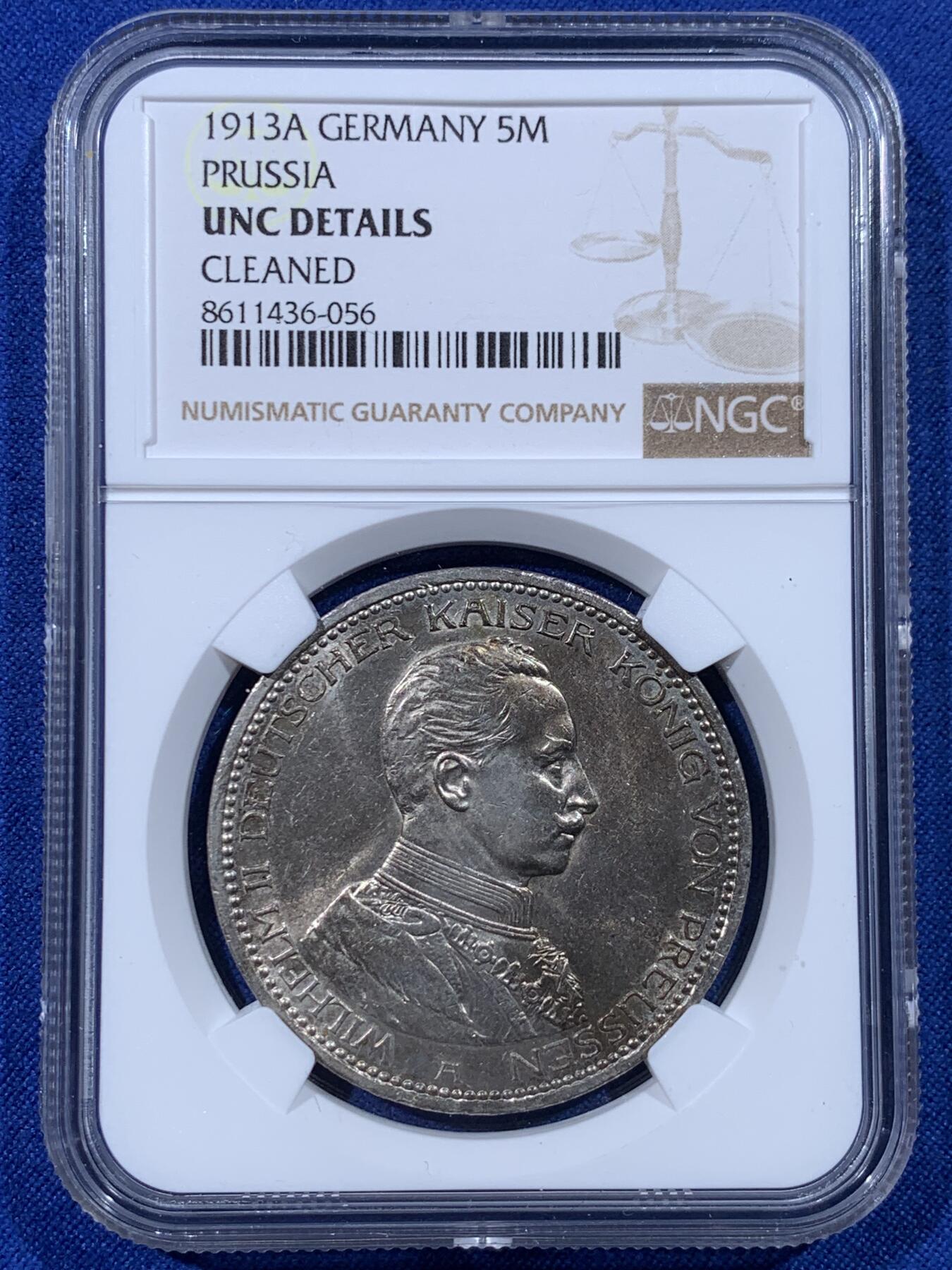 《竞宝斋》第443场 周日，周一，2场连拍 （全场包邮） NGC UNC 德国 1913年 普鲁士威廉二世军装5马克银币 光度不错