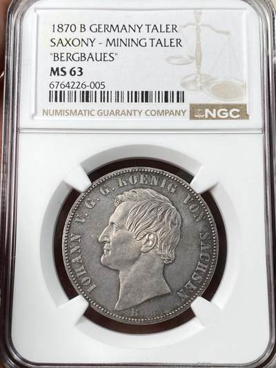 万国钱币拍卖第056期 - NGC MS63 1870年德国萨克森流通矿业泰勒银币 双矿工护盾 淡玫瑰色五彩收藏品质