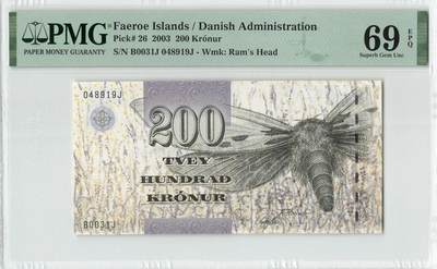 小福收藏拍卖第196期 评级币精选场 大量新增精品 本期有68分倒置号布隆迪世界最大纸币  菲律宾百位靓号100000比索超大纪念钞 巴基斯坦51年100卢比冠军分 泰国69年10铢纪念钞0A冠百位倒置号  文莱06年500吉令特首年首冠 丹麦经典大松鼠  法属印度支那 俄罗斯 玻利维亚 东加勒比 亚美尼亚等多国精美高分珍稀老钞精品纸币 - 法罗群岛 2003年 200克朗 首版 细安全线版 PMG69 EPQ 亚军分