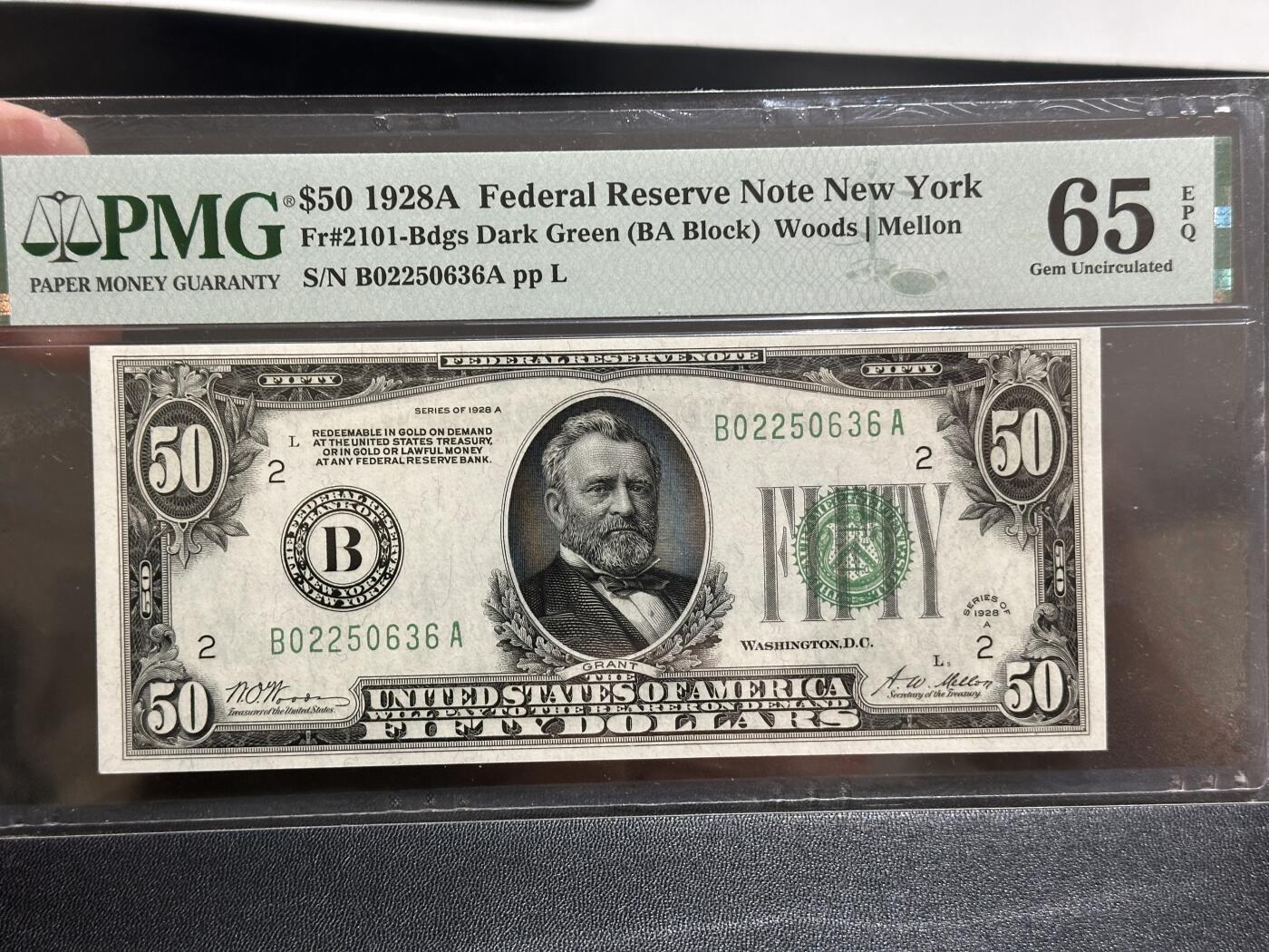 《外钞收藏家》第五百九十期（欧洲强钞、港币、硬通货及丰富裸币大拍场）（本平台长期征集拍品、欢迎藏友们联系合作） 1928年美国小头版50美元 PMG65 亚军分 无47 尾636
