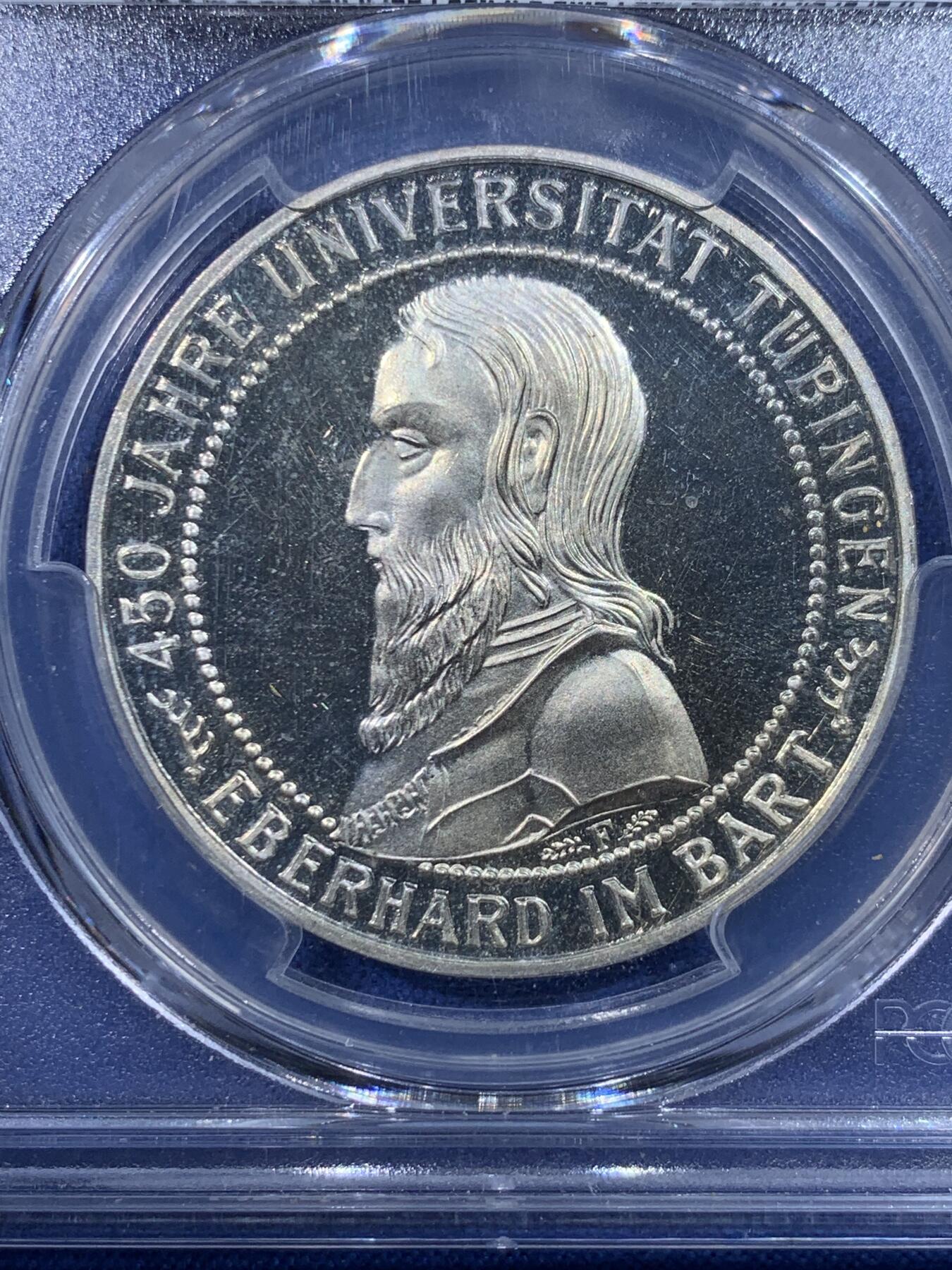 《竞宝斋》第443场 周日，周一，2场连拍 （全场包邮） PCGS PR64DCAM 德国魏玛1927年图宾根大学5马克精制银币，正面为大学创始人埃伯哈德公爵，稀有品种普制都不多见，这枚是近百年前的顶级深度镜面币！