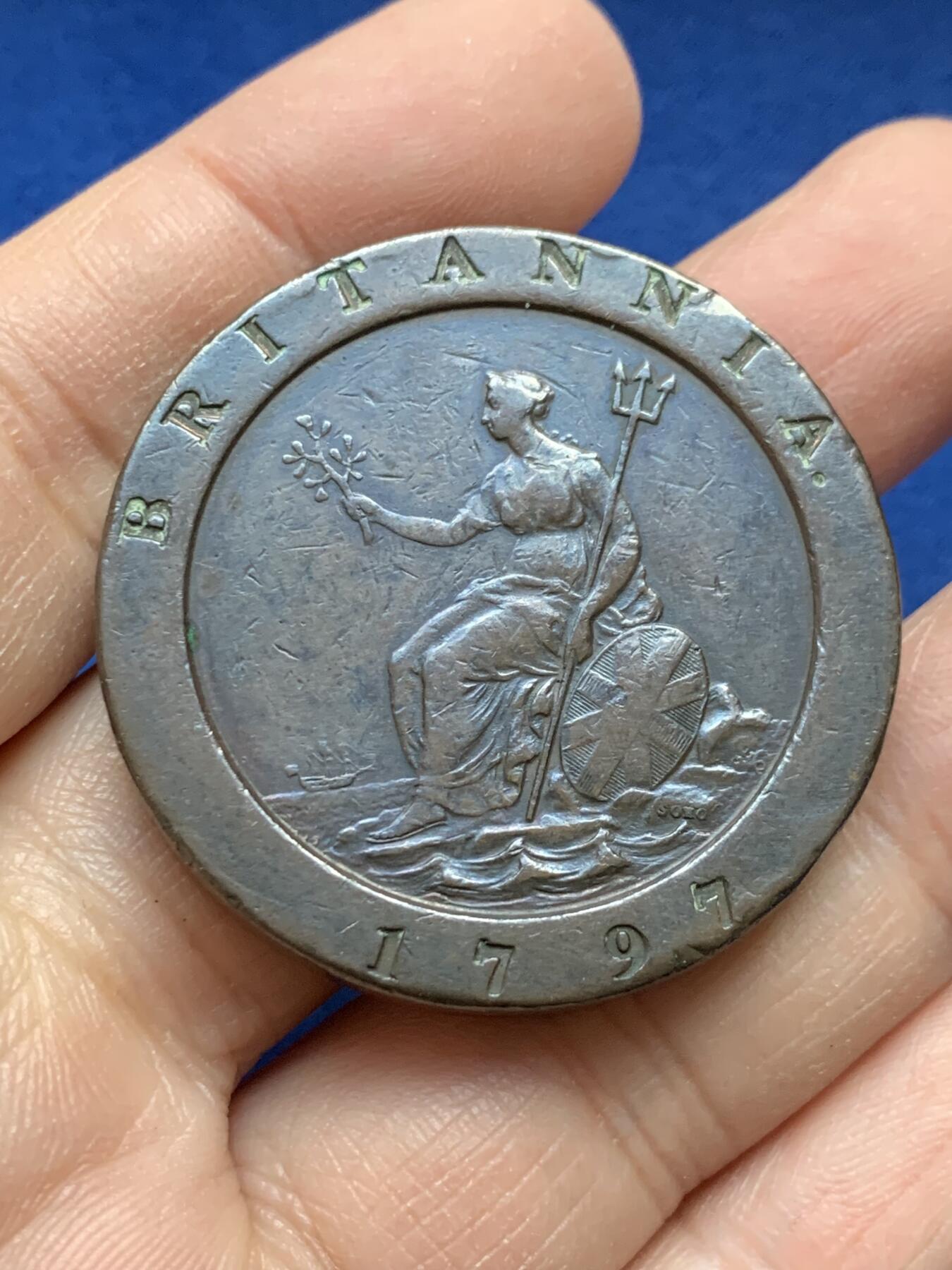 《竞宝斋》第443场 周日，周一，2场连拍 （全场包邮） 英国1797年乔治三世2便士 车轮便士铜币