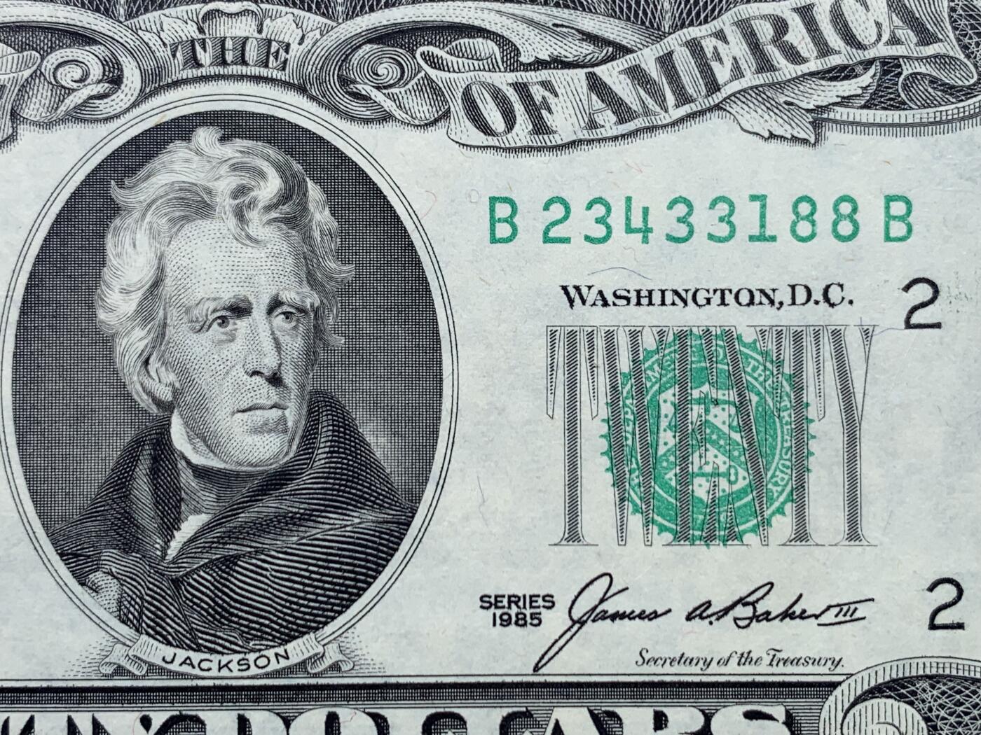 《竞宝斋》第443场 周日，周一，2场连拍 （全场包邮） PMG 65EPQ 美国 1985年 20美元