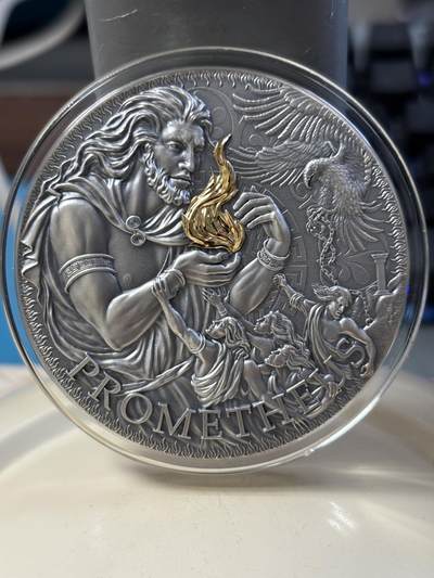 第184期拍卖 - 喀麦隆2023年希腊神话普罗米修斯3盎司高浮雕银币，999银镀金，发行500枚