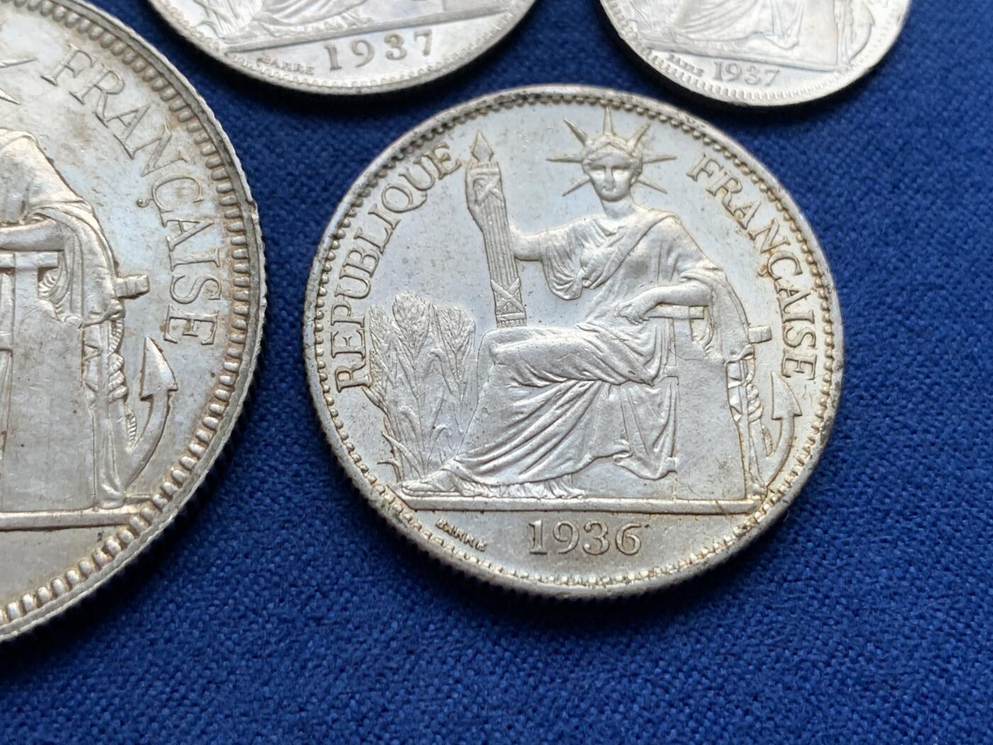 《竞宝斋》第443场 周日，周一，2场连拍 （全场包邮） 四枚一组 法属印支1928-1937年坐洋10分/20分/50分/1P银币