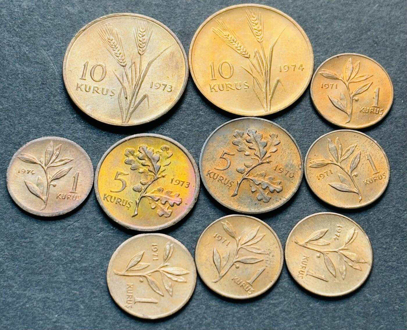 文馨钱币收藏第 284 场，【 长期接收代拍品】老藏家拍品南朝鲜李承晚时期货币，泰国大型纪念币，土耳其各时期及各国套币场 原铜光品相土耳其 1-5-10 库鲁铜币 10 枚