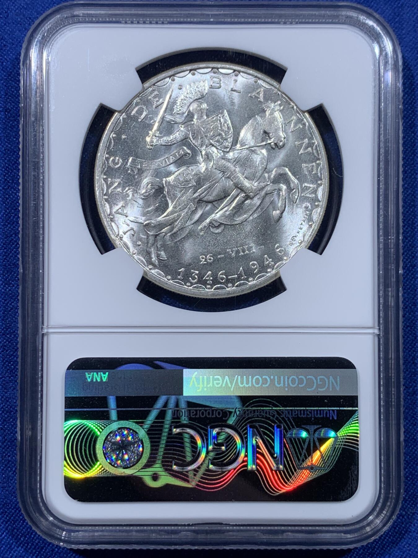 《竞宝斋》第443场 周日，周一，2场连拍 （全场包邮） NGC MS64 卢森堡1946年 盲人约翰大公阵亡600周年纪念 100法郎 马剑银币 币面干净 光度极佳