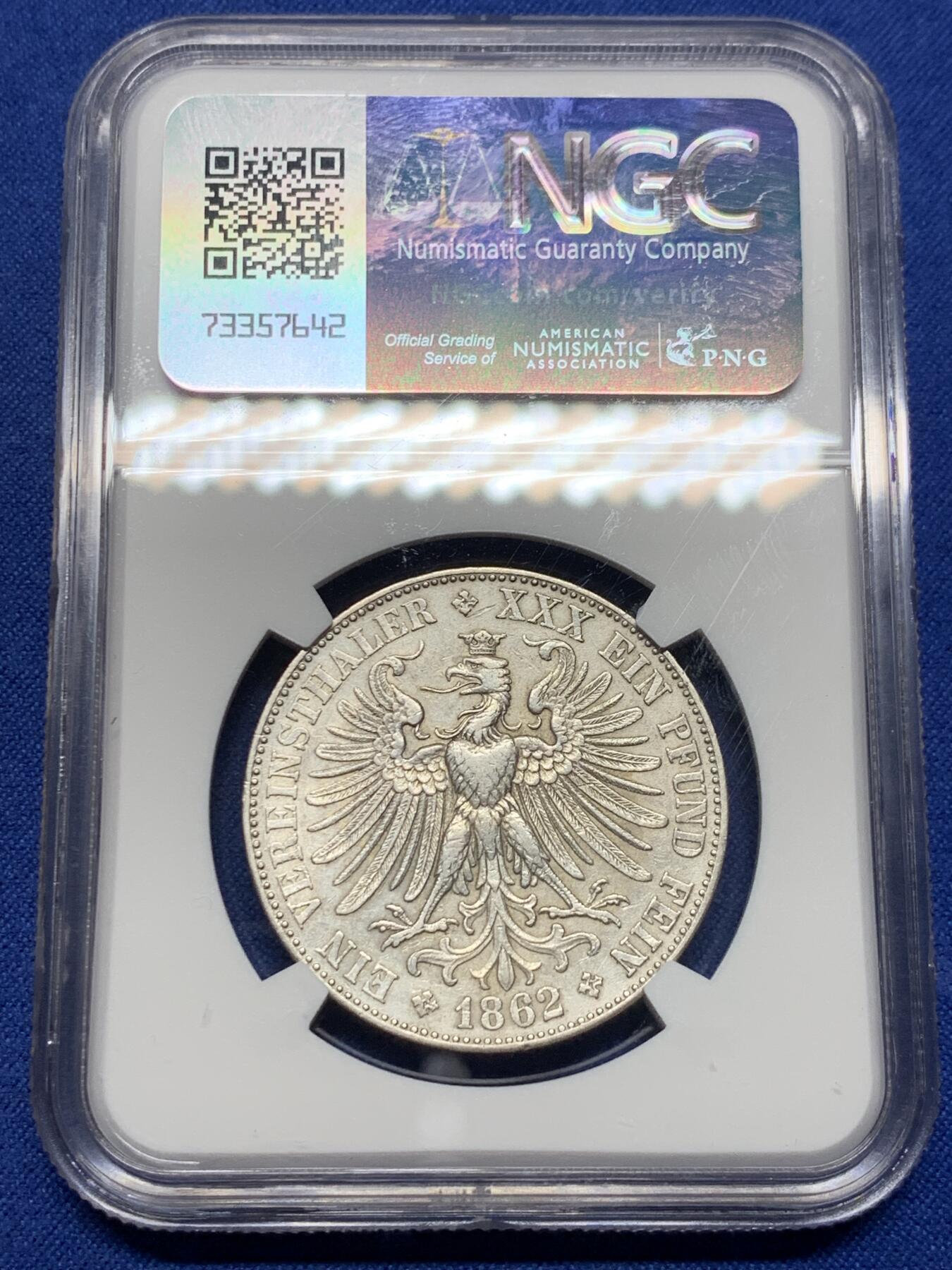 《竞宝斋》第443场 周日，周一，2场连拍 （全场包邮） NGC AUD 法兰克福 1862年1泰勒银币 经典的美女泰勒 不是常见的1860年版 1862年发行量仅为31万枚出头 细节不错