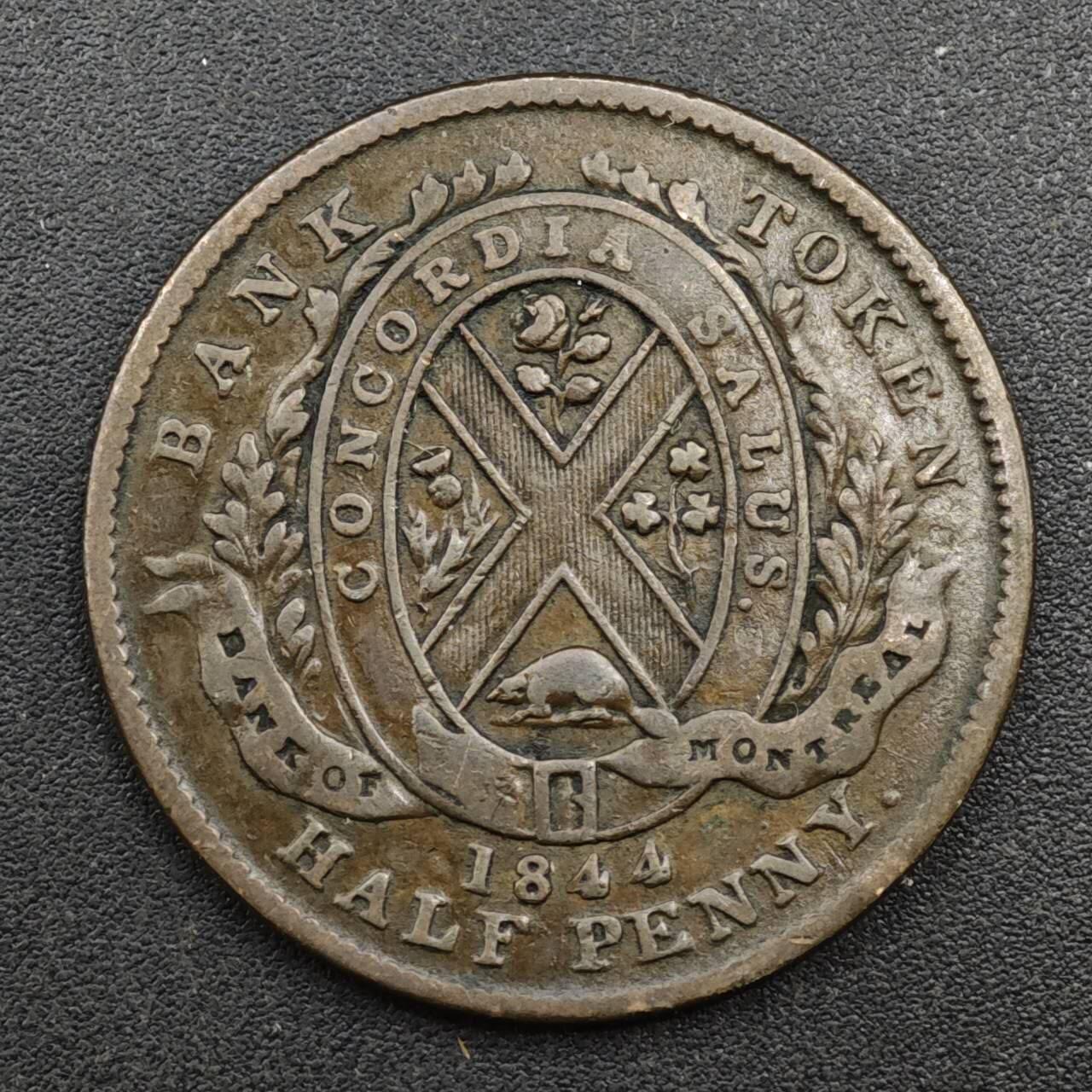 【淘币小摊】实时拍第八百一十三拍   散币场   满百包邮可预留二周 每周一统一发货   加拿大1844年蒙特利尔银行半便士铜币代币