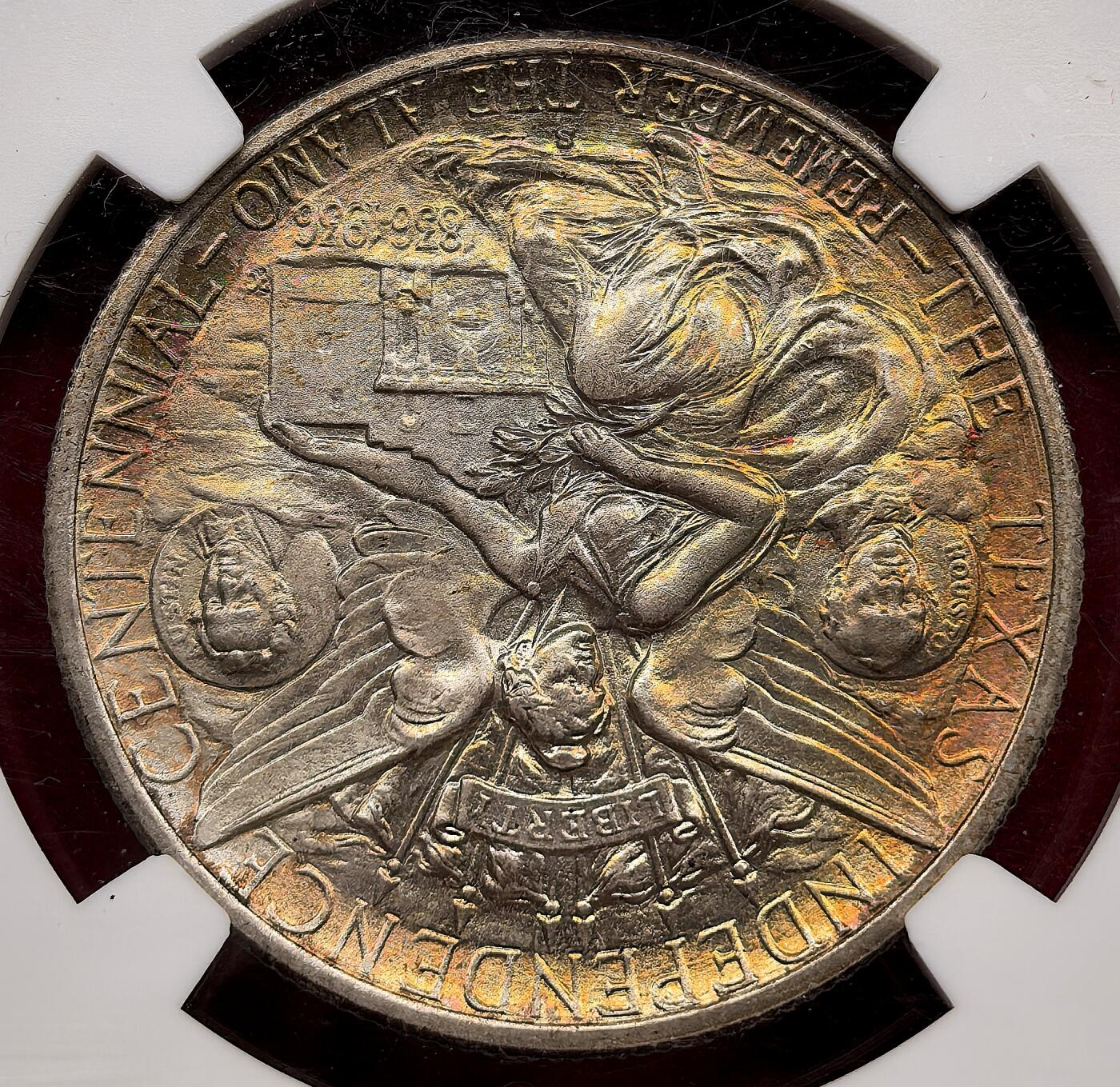 纫秋兰以为佩·凡希社微拍感恩专场 1938美国德克萨斯百年纪念半美元银币NGC-MS67，黄金环彩，养眼美物！