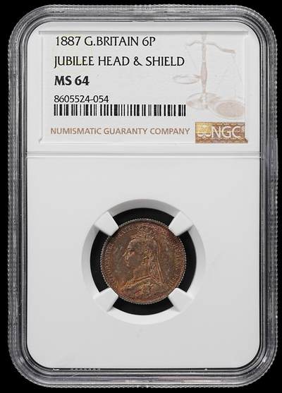 NGC MS64 1887年英国6便士银币 极品重五彩