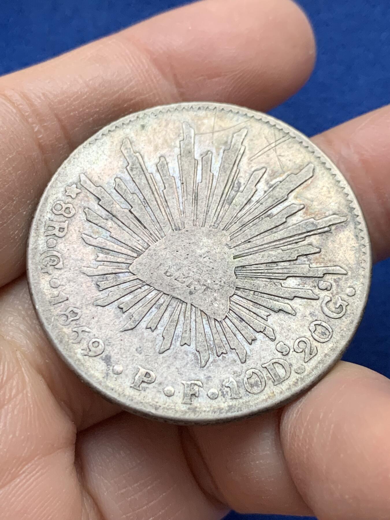 《竞宝斋》第443场 周日，周一，2场连拍 （全场包邮） 墨西哥1859 GO PF版 8R 鹰洋银币 中期版本 双面有划 细节见图