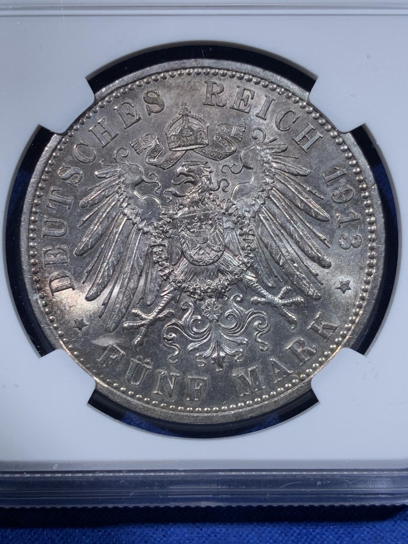 《竞宝斋》第443场 周日，周一，2场连拍 （全场包邮） NGC UNC 德国 1913年 普鲁士威廉二世军装5马克银币 光度不错