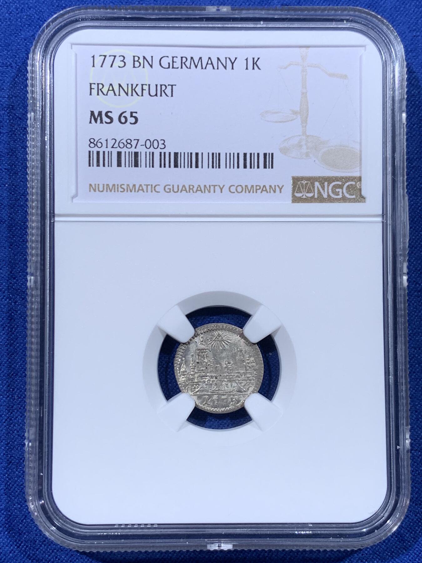 《竞宝斋》第443场 周日，周一，2场连拍 （全场包邮） NGC MS65 神圣罗马帝国时期1773年法兰克福城市景观银币，面值1克鲁泽，神罗系列的帝国自由市小精品，光度无敌，高分难得