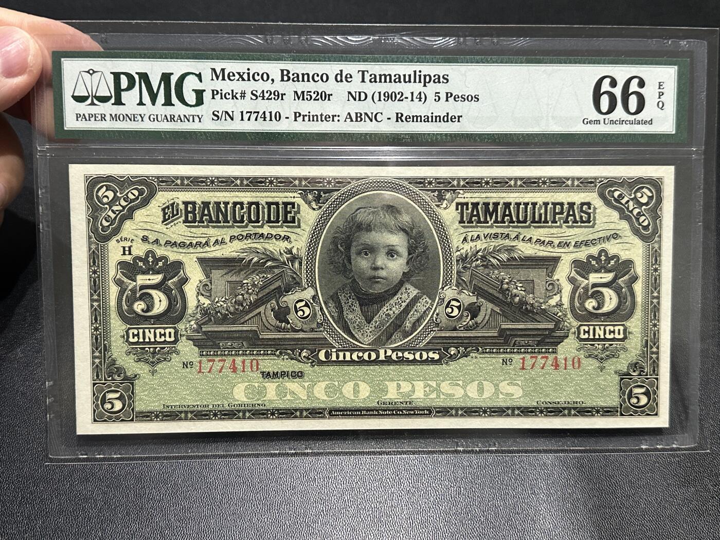 《外钞收藏家》第五百九十期（欧洲强钞、港币、硬通货及丰富裸币大拍场）（本平台长期征集拍品、欢迎藏友们联系合作） 1902-14年墨西哥5比索 PMG66 美钞公司版