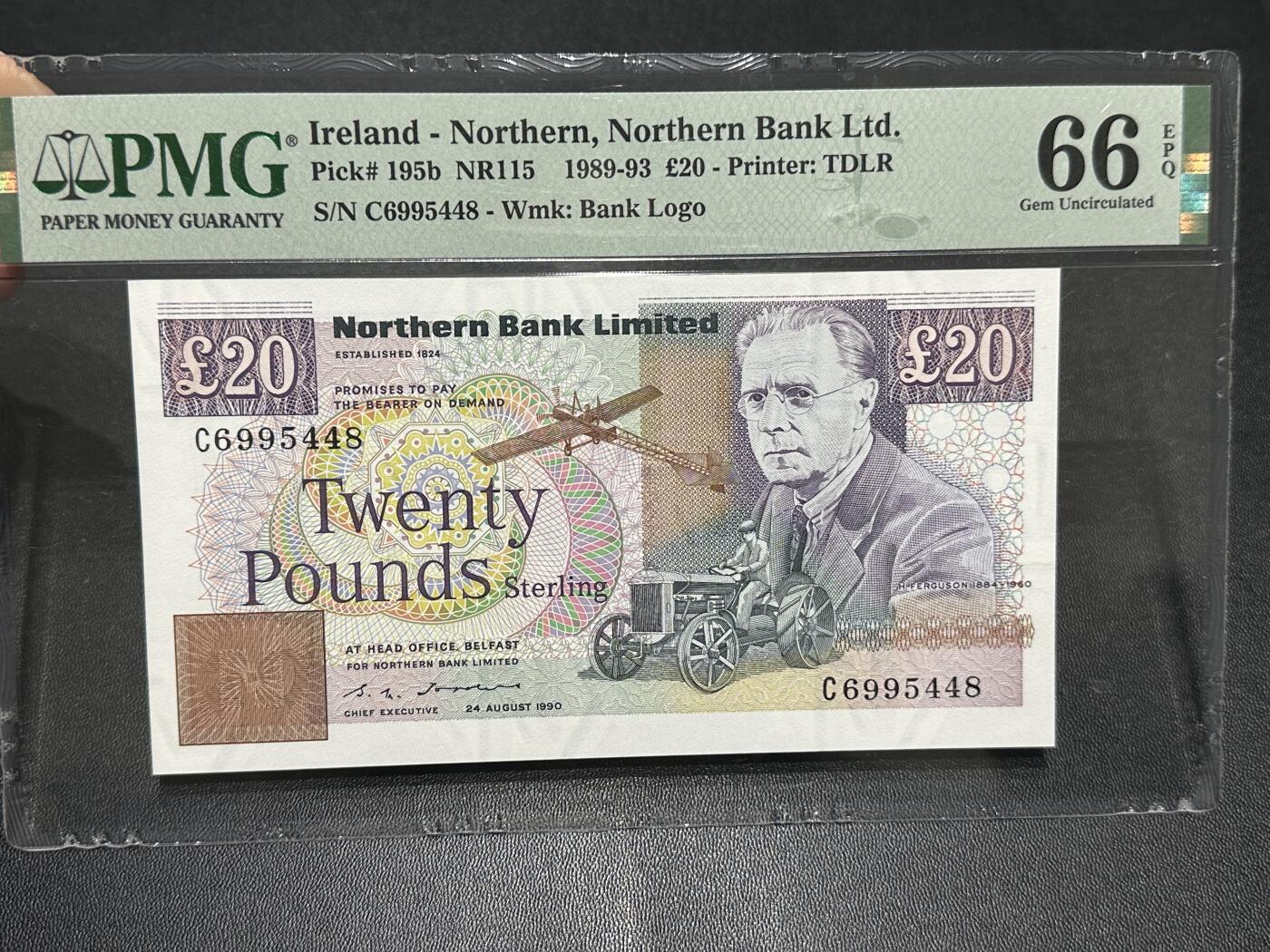 《外钞收藏家》第五百九十期（欧洲强钞、港币、硬通货及丰富裸币大拍场）（本平台长期征集拍品、欢迎藏友们联系合作） 1990年北爱尔兰 北方银行 20镑 PMG66 尾8