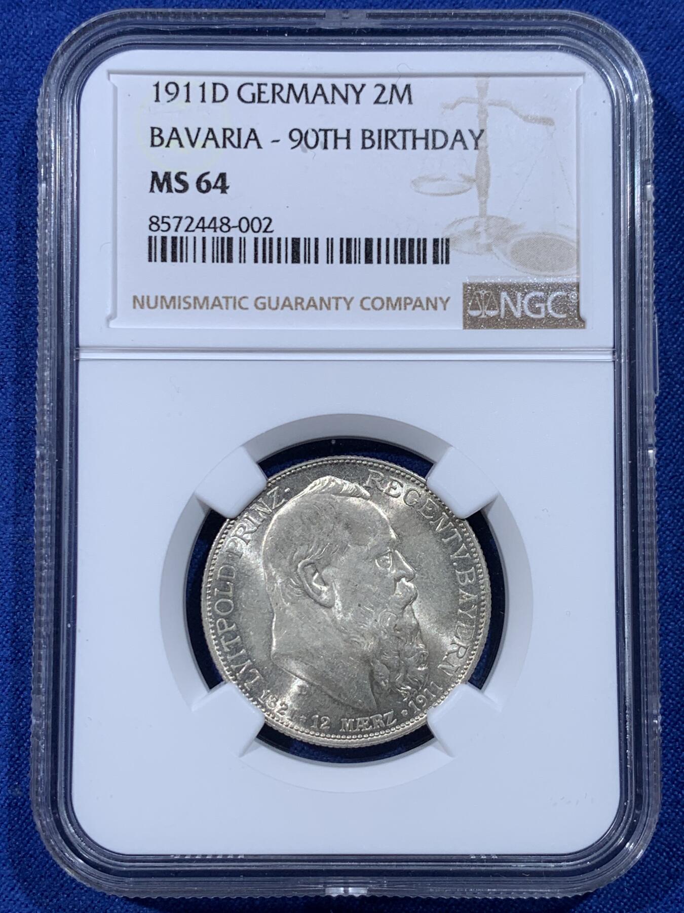 《竞宝斋》第443场 周日，周一，2场连拍 （全场包邮） NGC MS64 德国1911D巴伐利亚柳特波德摄政王90寿诞2马克银币