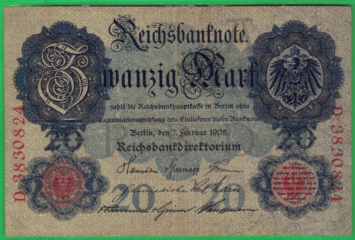 德国1908年20马克 P-31 无水印 加盖字母A 7位号 实物图