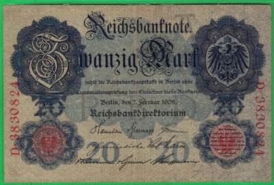 德国1908年20马克 P-31 无水印 加盖字母A 7位号 实物图 - 德国1908年20马克 P-31 无水印 加盖字母A 7位号 实物图