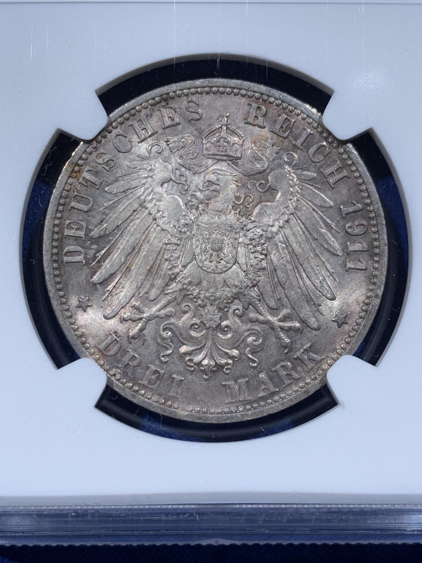 《竞宝斋》第443场 周日，周一，2场连拍 （全场包邮） NGC MS64 德国1911年符腾堡王国威廉二世国王银婚3马克银币