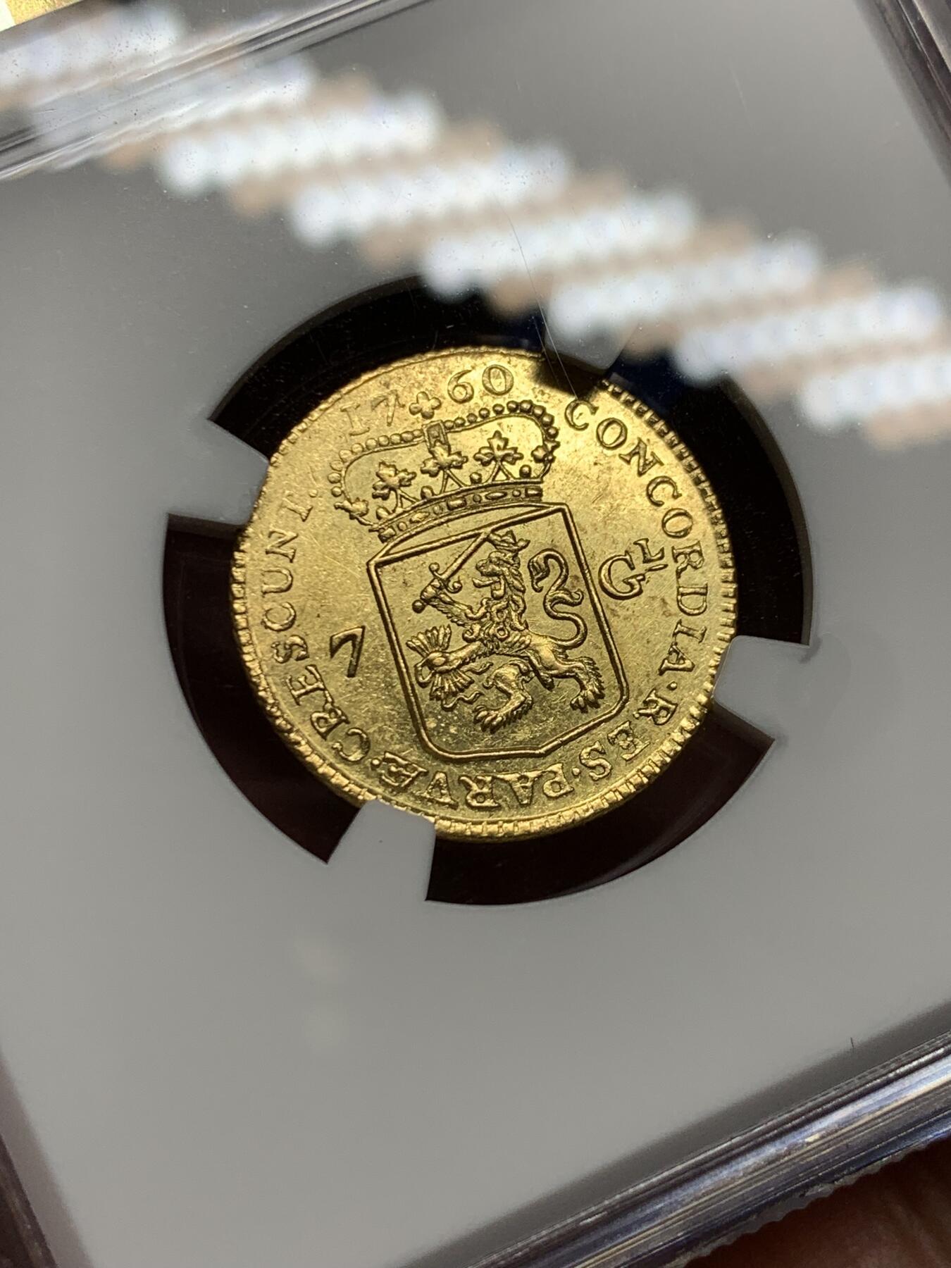 《竞宝斋》第443场 周日，周一，2场连拍 （全场包邮） NGC UNC 荷兰 1760年 荷兰省 7盾马剑金币 双面打制清晰 没给分有点错杀 这个状态已经很少见了4.965 g 920金