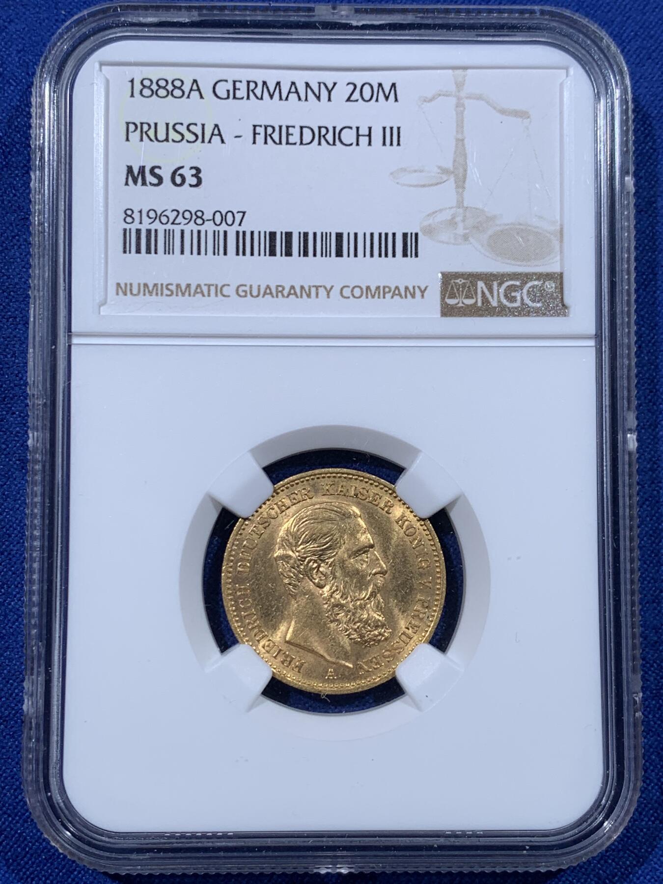 《竞宝斋》第443场 周日，周一，2场连拍 （全场包邮） NGC MS63 德国 普鲁士 1888 A 弗里德里希三世 20马克 金币 900金 7.96克 经典品种 转光漂亮