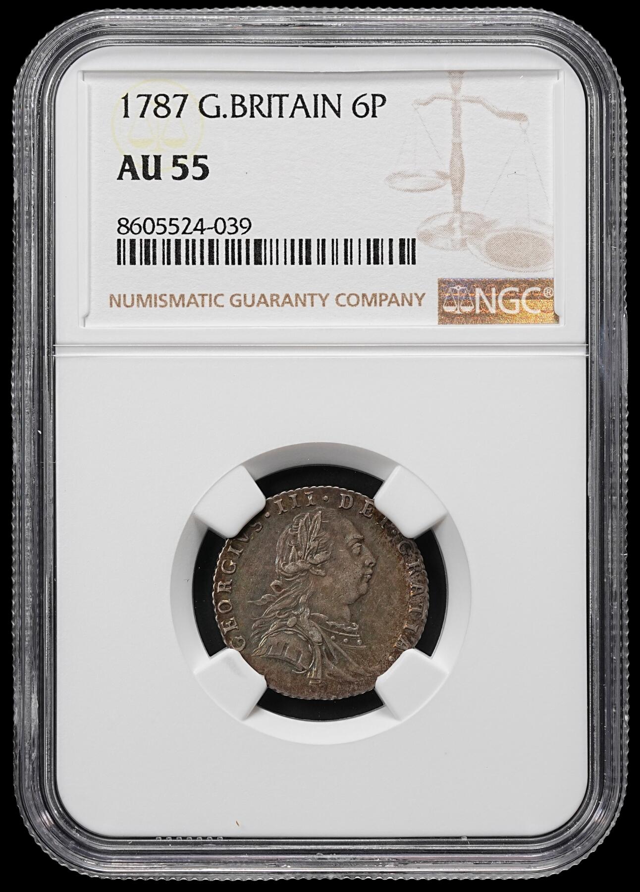 修遠堂世界钱币第九十五期 NGC AU55 1787年英国6便士银币