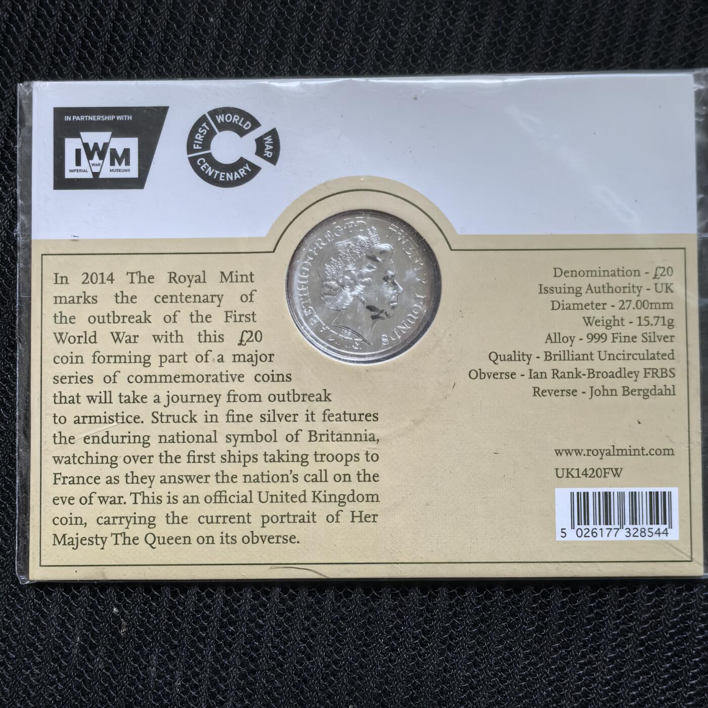 道一币馆币章第一百五十六场 原包装 英国2014年一战发生百年20镑精制银币