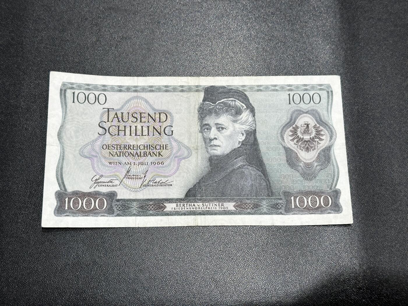 《外钞收藏家》第五百九十期（欧洲强钞、港币、硬通货及丰富裸币大拍场）（本平台长期征集拍品、欢迎藏友们联系合作） 1966年奥地利1000先令 非全新 品相如图