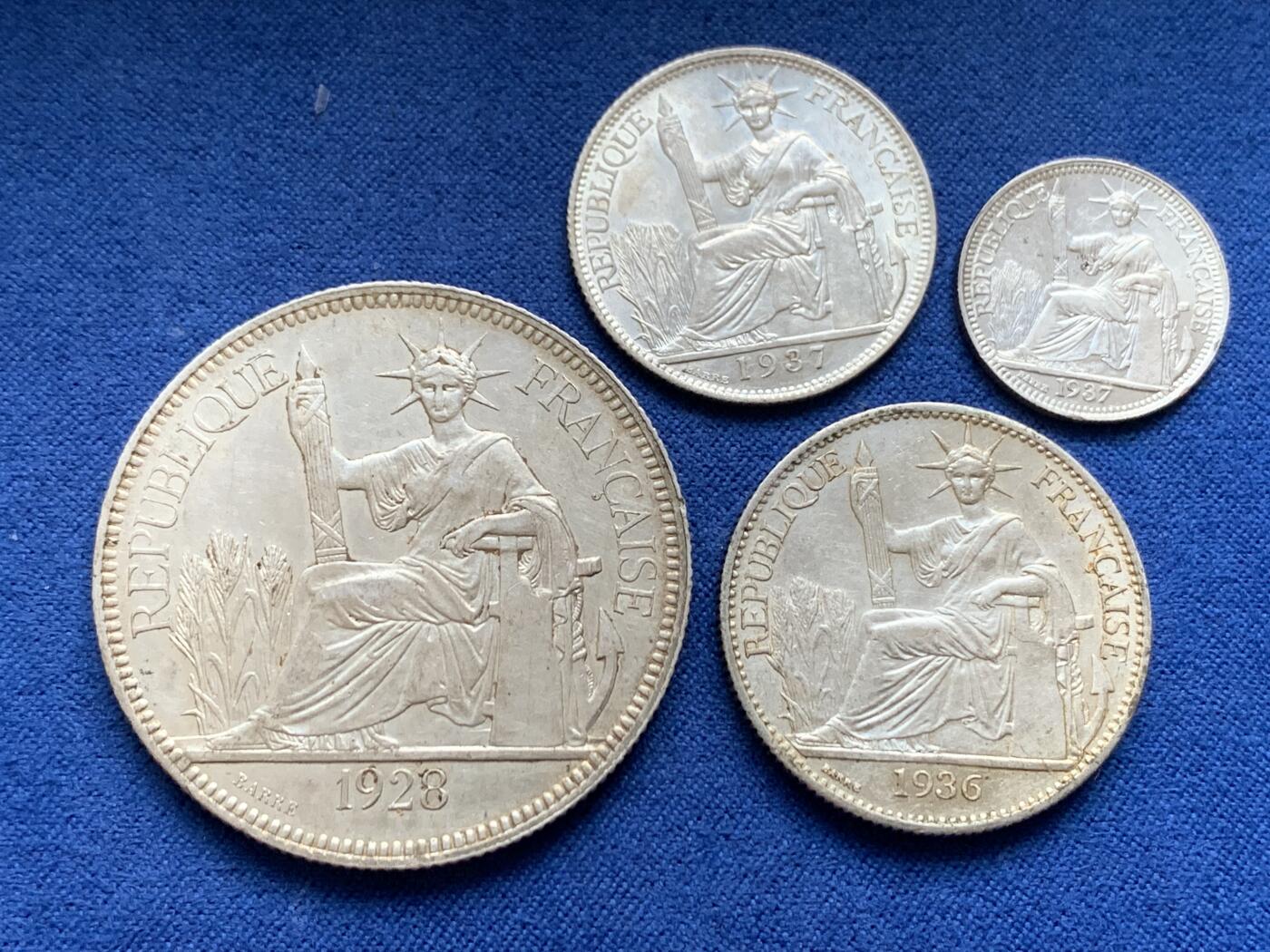 《竞宝斋》第443场 周日，周一，2场连拍 （全场包邮） 四枚一组 法属印支1928-1937年坐洋10分/20分/50分/1P银币