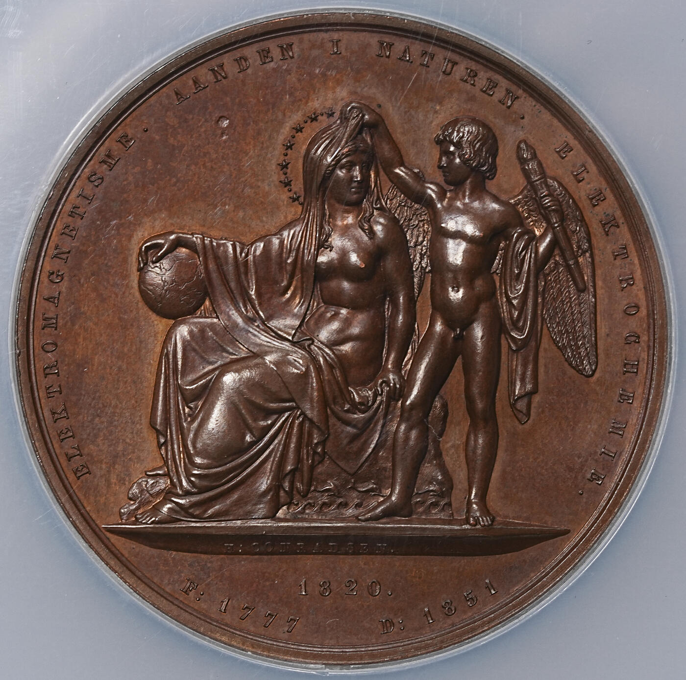 修遠堂世界钱币第九十五期 NGC MS64BN 1851年丹麦物理学家，化学家-汉斯·奥斯特纪念大铜章 特大加厚盒