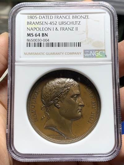 《竞宝斋》第443场 周日，周一，2场连拍 （全场包邮） - NGC MS64BN 法国1805年拿破仑一世和弗朗茨二世双皇会晤纪念铜章，亚军分，纪念奥斯特里茨三皇之战后的休战会议。极少见品种，加厚盒装。